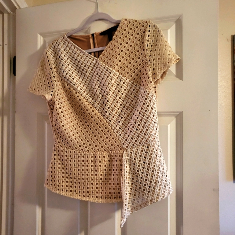 BCBG Large cream and neutral eyelet peplum top